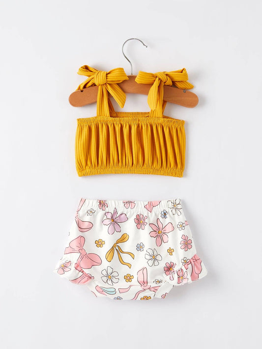 Yellow Floral Print Suspender Baby Girls Romper Set