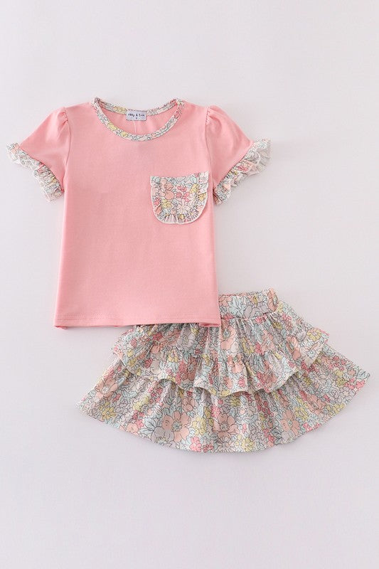 Pink Floral Print Skort Set