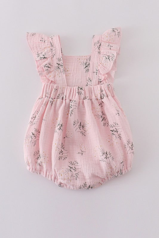 Pink Floral Print Muslin Girl Ruffle Bubble