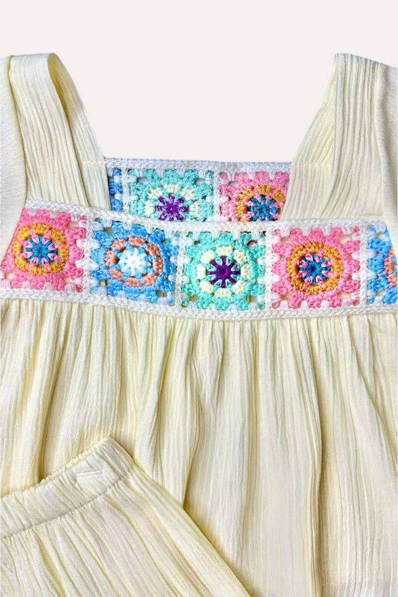 Cream gauze 2pc girls set w/ knitted floral hem
