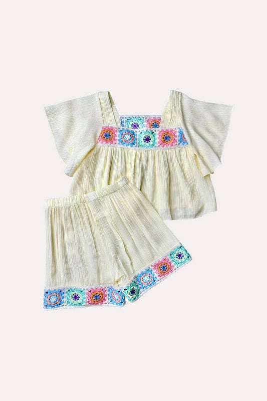 Cream gauze 2pc girls set w/ knitted floral hem
