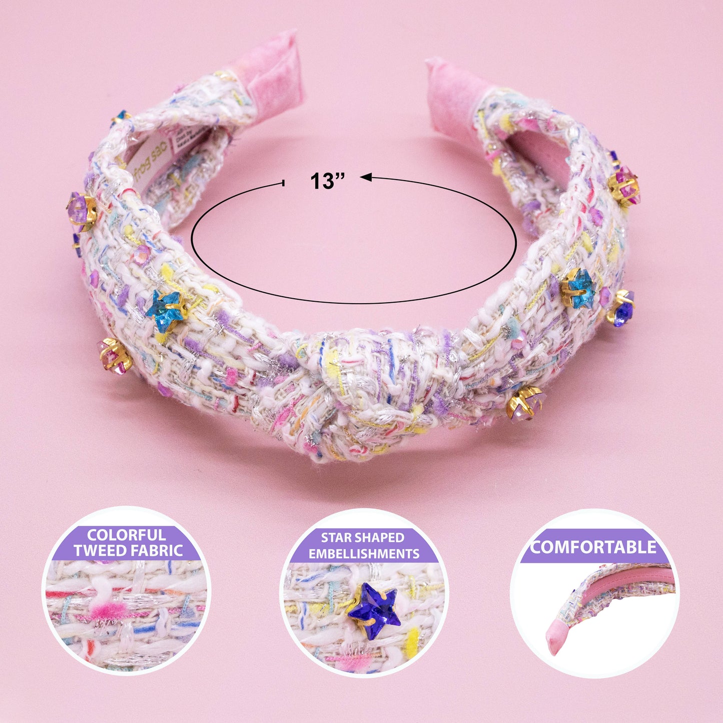 Embellished Knot Headband - Tweed Star Rhinestone Charms