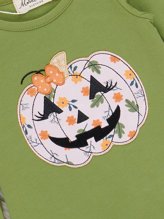 Green Embroidered Floral Jack-o-Lantern Ruffle Romper
