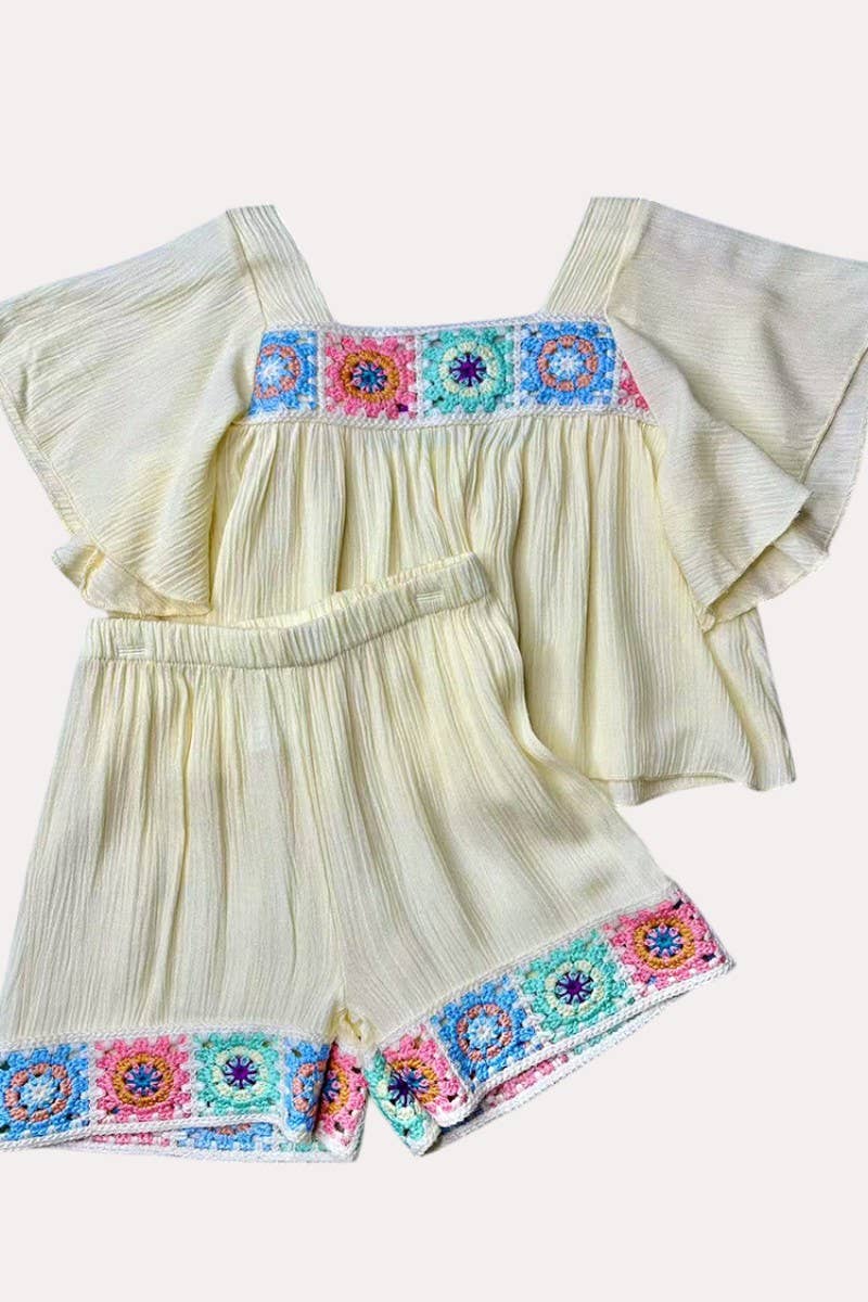 Cream gauze 2pc girls set w/ knitted floral hem