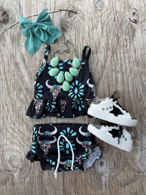 Baby Girls Turquoise Western Cow Bummie Clothes Sets