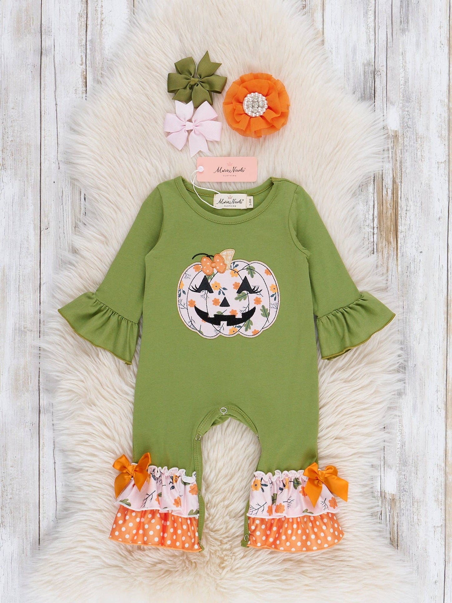 Green Embroidered Floral Jack-o-Lantern Ruffle Romper