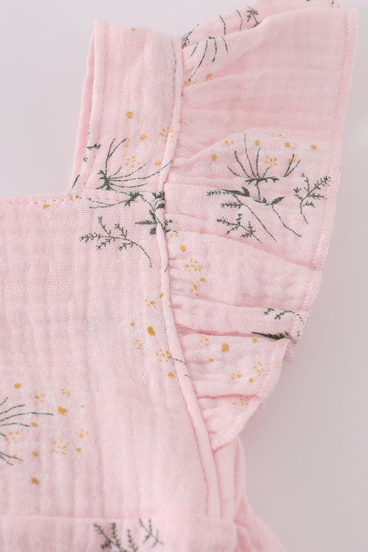 Pink Floral Print Muslin Girl Ruffle Bubble