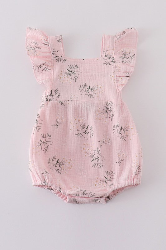 Pink Floral Print Muslin Girl Ruffle Bubble