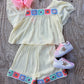 Cream gauze 2pc girls set w/ knitted floral hem
