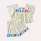 Cream gauze 2pc girls set w/ knitted floral hem