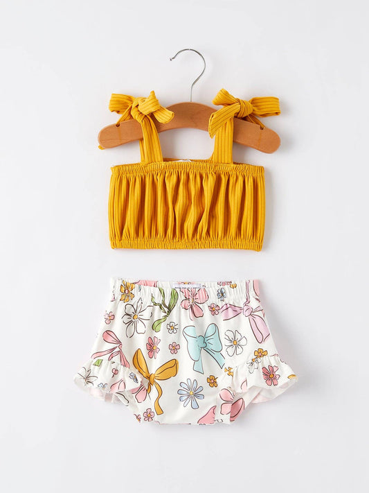 Yellow Floral Print Suspender Baby Girls Romper Set