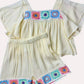 Cream gauze 2pc girls set w/ knitted floral hem