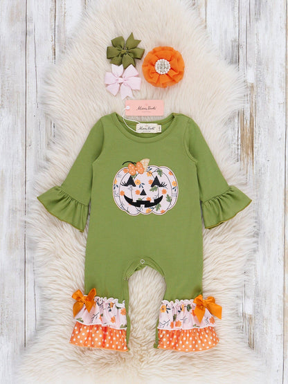 Green Embroidered Floral Jack-o-Lantern Ruffle Romper