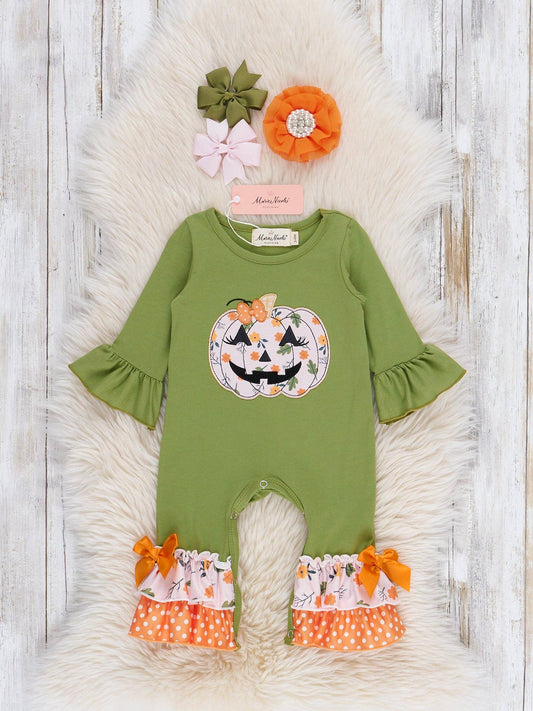 Green Embroidered Floral Jack-o-Lantern Ruffle Romper